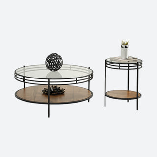Dark Round Side Table with Glass Top Two Pieces