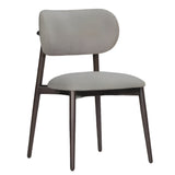 A gray upholstered dining chair with a full backrest and padded seat, featuring a metal frame and wooden legs.